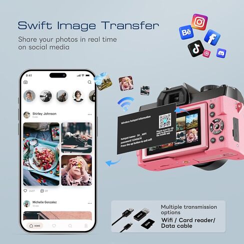 G-Anica 5K 64MP Digital Cameras for Photography with Dual-Lens WiFi | Vlogging Point and Shoot Camera Kit for Beginners,with 180° Flip Screen,16X Zoom,64GB Card,2 Batteries(PINK) in Kuwait
