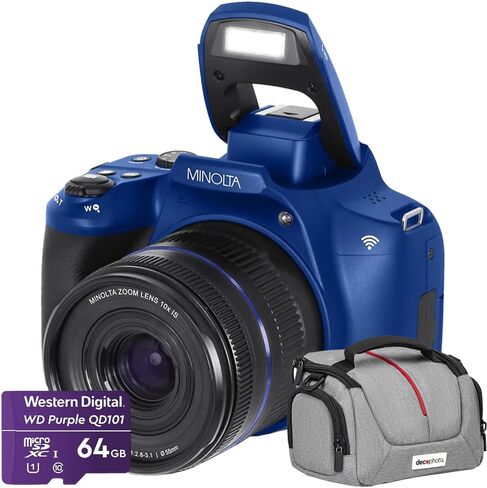 Minolta 64MP Auto Focus Digital Camera 10x Optical Zoom 4K Ultra HD Video Blue MNB10Z-BL Bundle with Deco Photo Camera Bag for DSLR and Mirrorless Cameras and Western Digital 64GB microSD Card in Kuwait