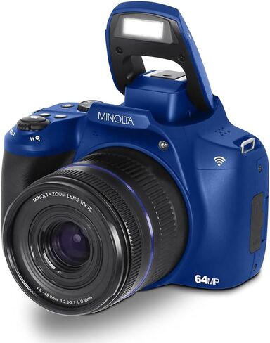 Minolta 64MP Auto Focus Digital Camera 10x Optical Zoom 4K Ultra HD Video Blue MNB10Z-BL Bundle with Deco Photo Camera Bag for DSLR and Mirrorless Cameras and Western Digital 64GB microSD Card in Kuwait