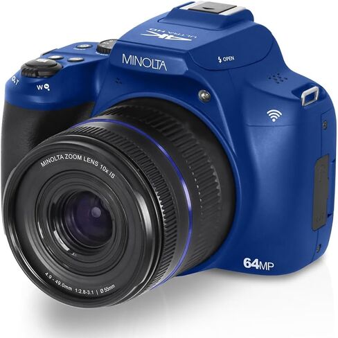 Minolta 64MP Auto Focus Digital Camera 10x Optical Zoom 4K Ultra HD Video Blue MNB10Z-BL Bundle with Deco Photo Camera Bag for DSLR and Mirrorless Cameras and Western Digital 64GB microSD Card in Kuwait