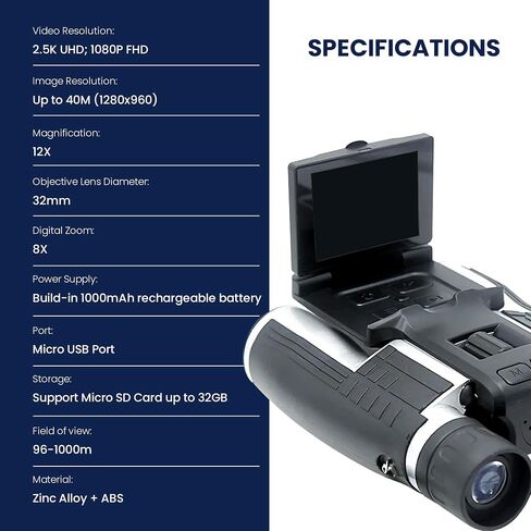 thunderb Digital Binoculars with Camera & Video Recording 12 x 32 - Camcorder for Bird Watching Cameras, Football Binoculars, Concerts Hunting 2.4" IPS Display Screen, Night Vision Best Zoom, Black in Kuwait