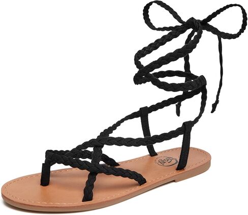 Trary Womens Lace Up Sandals Flat Strappy Gladiator Braided Sandals Tie Up Open Toe Summer Woven Shoes Lightweight Comfortable Ankle Wrap Roman Dressy Casual Beach Travel Cute Flats Black Size 9.5 in Kuwait
