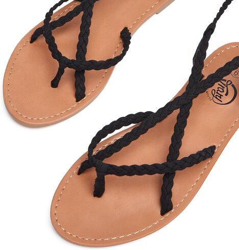 Trary Womens Lace Up Sandals Flat Strappy Gladiator Braided Sandals Tie Up Open Toe Summer Woven Shoes Lightweight Comfortable Ankle Wrap Roman Dressy Casual Beach Travel Cute Flats Black Size 9.5 in Kuwait