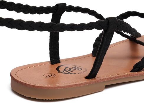 Trary Womens Lace Up Sandals Flat Strappy Gladiator Braided Sandals Tie Up Open Toe Summer Woven Shoes Lightweight Comfortable Ankle Wrap Roman Dressy Casual Beach Travel Cute Flats Black Size 9.5 in Kuwait