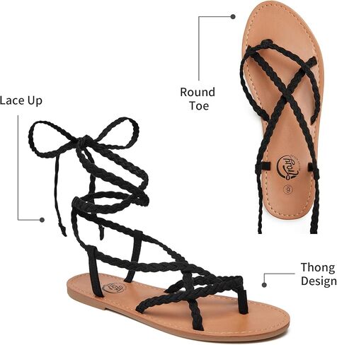 Trary Womens Lace Up Sandals Flat Strappy Gladiator Braided Sandals Tie Up Open Toe Summer Woven Shoes Lightweight Comfortable Ankle Wrap Roman Dressy Casual Beach Travel Cute Flats Black Size 9.5 in Kuwait