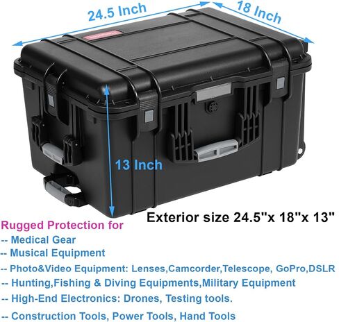 Regetek Rolling Hard Case with Foam,24.5 x 18 x 13 Inch, Waterproof Hard Case with Wheels/Retractable Handle for camera, Drone,tool, Equipment, electronics, TSA Friendly, Inner 20.39"X 13.67"X10.43" in Kuwait