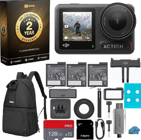 DJI Osmo Action 4 Adventure Combo - 4K/120fps Waterproof Action Camera with 128GB MicroSD Card, 3 Batteries, 1.5m Extension Rod, Card Reader, Backpack & 2-Year Warranty in Kuwait
