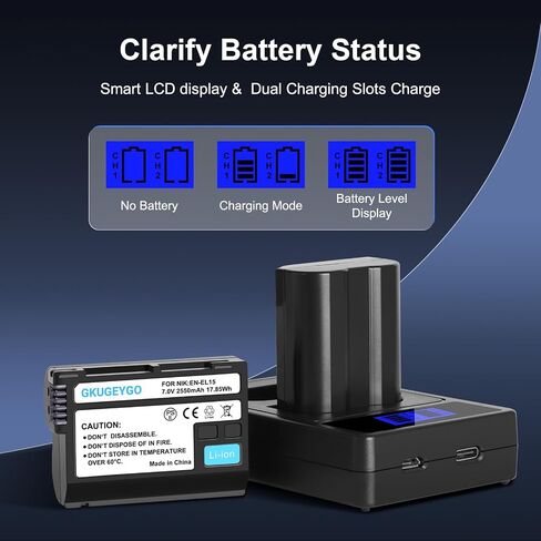 EN-EL15 Li-ion Battery & Dual USB Charger Set Compatible with Nikon Z5 Z6 Z7 Z8 D850 D7500 Series Cameras in Kuwait