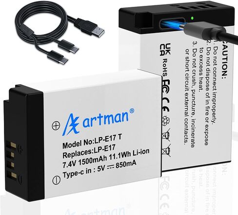 Artman LP-E17 Battery 2-Pack Upgraded 1500mAh with Type-C Direct Charging Port for Canon EOS R100 R50 R10 R8 RP, Rebel T8i T7i T6i T6s, SL2 SL3 EOS M3 M5 M6, 77D 200D 250D 750D 760D 800D 8000D Camera in Kuwait