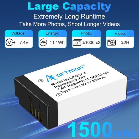 Artman 2-Pack LP-E17 Battery 1500mAh USB-C Fast Charging R50 Battery for Canon EOS R100 R50 R10 R8 RP, Rebel T8i T7i T6i T6s SL2 SL3, EOS M3, M5, M6, EOS 77D 200D 760D 800D 8000D in Saudi Arabia