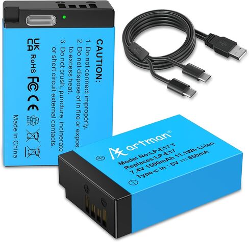 Artman 2-Pack LP-E17 Battery 1500mAh USB-C Fast Charging R50 Battery for Canon EOS R100 R50 R10 R8 RP, Rebel T8i T7i T6i T6s SL2 SL3, EOS M3, M5, M6, EOS 77D 200D 760D 800D 8000D in Saudi Arabia