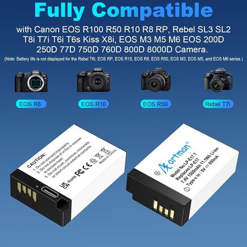 Artman 2-Pack LP-E17 Battery 1500mAh USB-C Fast Charging R50 Battery for Canon EOS R100 R50 R10 R8 RP, Rebel T8i T7i T6i T6s SL2 SL3, EOS M3, M5, M6, EOS 77D 200D 760D 800D 8000D in Saudi Arabia
