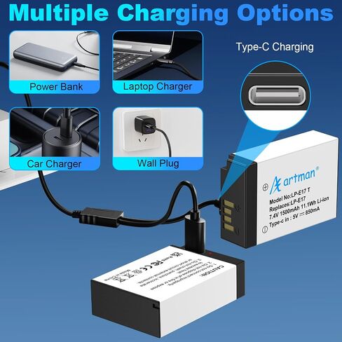 Artman 2-Pack LP-E17 Battery 1500mAh USB-C Fast Charging R50 Battery for Canon EOS R100 R50 R10 R8 RP, Rebel T8i T7i T6i T6s SL2 SL3, EOS M3, M5, M6, EOS 77D 200D 760D 800D 8000D in Saudi Arabia