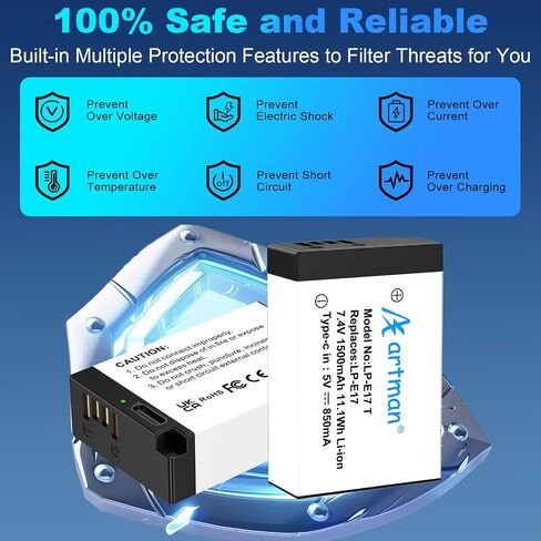 Artman 2-Pack LP-E17 Battery 1500mAh USB-C Fast Charging R50 Battery for Canon EOS R100 R50 R10 R8 RP, Rebel T8i T7i T6i T6s SL2 SL3, EOS M3, M5, M6, EOS 77D 200D 760D 800D 8000D in Saudi Arabia