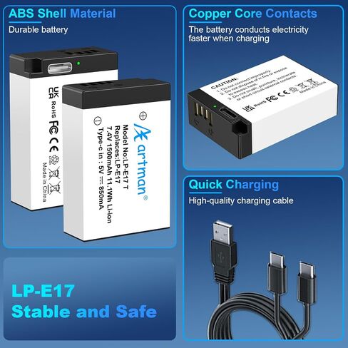 Artman 2-Pack LP-E17 Battery 1500mAh USB-C Fast Charging R50 Battery for Canon EOS R100 R50 R10 R8 RP, Rebel T8i T7i T6i T6s SL2 SL3, EOS M3, M5, M6, EOS 77D 200D 760D 800D 8000D in Saudi Arabia