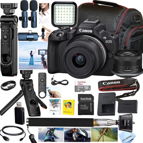 Canon EOS R50 with 18-45mm Lens + 64GB Memory, Wireless Lavalier Microphones, LED Light, Grip Tripod w/Remote Shutter, Selfie Stick, Case, Software, and More (Pro Video Creator Bundle) (Renewed) in Kuwait