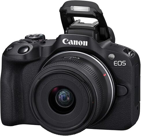 Canon EOS R50 with 18-45mm Lens + 64GB Memory, Wireless Lavalier Microphones, LED Light, Grip Tripod w/Remote Shutter, Selfie Stick, Case, Software, and More (Pro Video Creator Bundle) (Renewed) in Kuwait