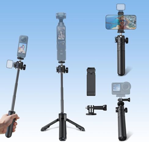 Leekai PX05 0.01S Auto Open 11.8" Extension Pole Mini Tripod, 360° Rotation Invisible Selfie Stick w/Cold Shoe&Claw Adapter&Phone Holder for Osmo Pocket 4/3, Action 6/5 Pro, insta360 Luna Ultra/X5 in Kuwait