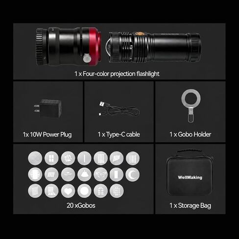 WELLMAKING 10W LED Projection Flashlight with 20 Gobos for Photo Video | Four-Color Effects, Professional Imaging Lens, Stepless Zoom Beam, Creative Pattern Projection, Content Creation & YouTube in Kuwait