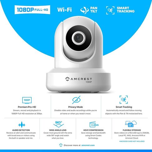 Amcrest Pack of 2, ProHD 1080P WiFi/Wireless IP Security Camera IP2M-841 Pan/Tilt, 2-Way Audio, Optional Cloud Recording, Full HD 1080P 2MP, Super Wide 90° Viewing Angle, Night Vision (White) in Kuwait