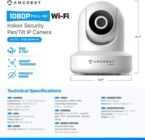 Amcrest Pack of 2, ProHD 1080P WiFi/Wireless IP Security Camera IP2M-841 Pan/Tilt, 2-Way Audio, Optional Cloud Recording, Full HD 1080P 2MP, Super Wide 90° Viewing Angle, Night Vision (White) in Kuwait