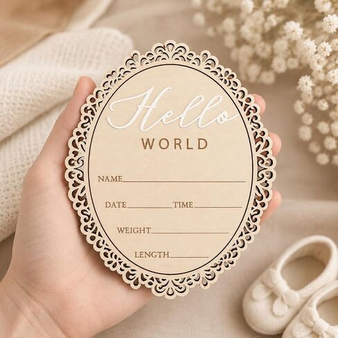 Hello World Baby Announcement Plaque, Wooden Newborn Sign, Hospital Photo Prop, Birth Announcement Decor, Nursery Room Decoration (D31) in Kuwait