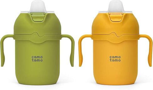 Comotomo Toddler Tumbler Set – Insulated Tumblers (Green & Yellow) to keep drinks warm and cold – Spill Resistant Cups for Toddlers Learning Independent Drinking in Kuwait