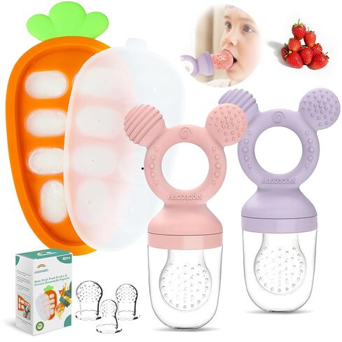 Baby Fruit Food Feeder - Fresh Food Feeder, Infant Fruit Teething Teether Toy for 4-24 Months, 2 Pack with 3 Stage Pouches and Freezer Tray for Babies (Purple Pink) in Kuwait