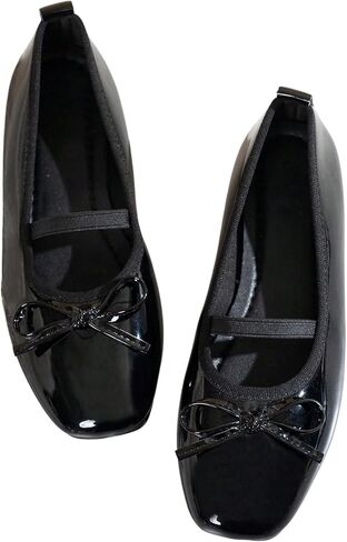 GORGLITTER Women's Cute Leather Ballet Flats with Bow Slip On Dressy Dress Shoes Square Toe Ballerina Flats in Kuwait