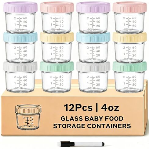 12 Pack Glass Baby Food Containers 4 oz Glass Baby Food Jars with Lids | Baby Food Maker Small Baby Food Storage Containers Microwave Dishwasher Freezer Safe 100% Leak Proof BPA Free Reusable in Kuwait