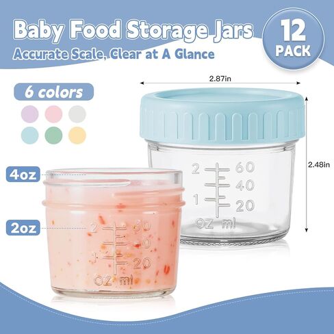 12 Pack Glass Baby Food Containers 4 oz Glass Baby Food Jars with Lids | Baby Food Maker Small Baby Food Storage Containers Microwave Dishwasher Freezer Safe 100% Leak Proof BPA Free Reusable in Kuwait