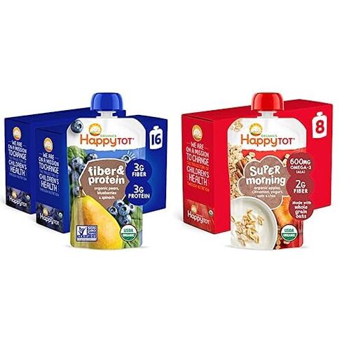 Happy Tot Organics Stage 4 Baby Food Pouches, Gluten Free, Vegan Snack, Fiber & Protein Fruit & Veggie Puree, Pears, Raspberries, Butternut Squash & Carrots, 4 Ounce(Pack of 16) in Kuwait