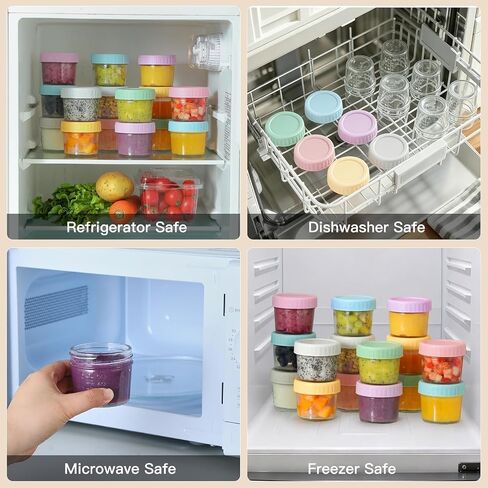12 Pack Glass Baby Food Containers 4 oz Glass Baby Food Jars with Lids | Baby Food Maker Small Baby Food Storage Containers Microwave Dishwasher Freezer Safe 100% Leak Proof BPA Free Reusable in Kuwait