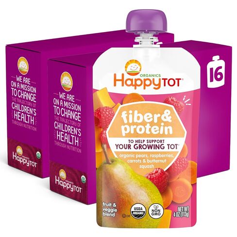 Happy Tot Organics Stage 4 Baby Food Pouches, Gluten Free, Vegan Snack, Fiber & Protein Fruit & Veggie Puree, Pears, Raspberries, Butternut Squash & Carrots, 4 Ounce(Pack of 16) in Kuwait