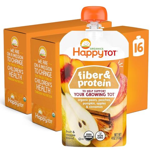 Happy Tot Organics Stage 4 Baby Food Pouches, Gluten Free, Vegan Snack, Fiber & Protein Fruit & Veggie Puree, Pears, Raspberries, Butternut Squash & Carrots, 4 Ounce(Pack of 16) in Kuwait