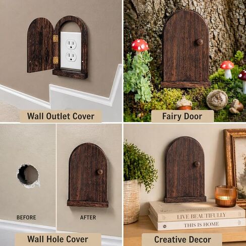 Self-Adhesive Fairy Door Outlet Cover, Self-Closing, 7.87-Inch Wood | Creative Wooden Cover that Conceals Wall Plates, Duplex Outlets, Switches, Stains&Wall Holes – Elf Door Wall Decor that Opens in Kuwait