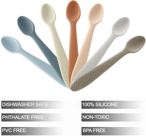 PandaEar 7 Pack Silicone Baby Feeding Spoons, First Stage Training Spoon Infant Utensils Feeding Supplies, BPA Free Gum-Friendly Soft Tip Baby Led Weaning Spoon in Kuwait