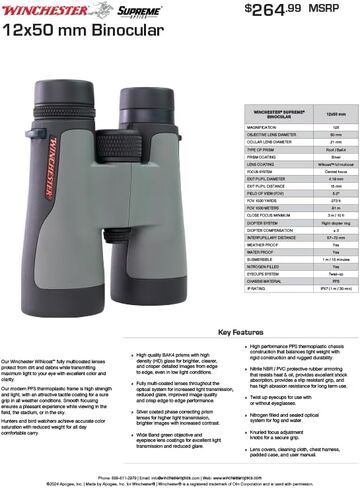 Winchester Supreme Optics 12x50 Binoculars for Hunting, Bird Watching and Sports | Tripod Adaptable | IPX7 Waterproof and Fogproof | WINCoat Fully Multi-Coated Lenses, BaK4 Roof Prism in Kuwait
