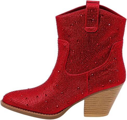 Forever Link Women's Rhinestone Western Ankle Boots | Pointed Toe, Cowboy Booties, Chunky Block Heel in Kuwait