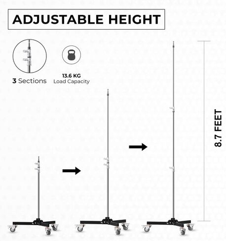 Baby Folder Roller 2-Stage Light Stand, 8' Working Height, 30 lb Load Capacity, Steel 5/8" Baby Pin Mount, Folding Steel Legs, 3" Locking Casters for Studio Lighting in Kuwait