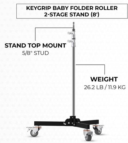 Baby Folder Roller 2-Stage Light Stand, 8' Working Height, 30 lb Load Capacity, Steel 5/8" Baby Pin Mount, Folding Steel Legs, 3" Locking Casters for Studio Lighting in Kuwait
