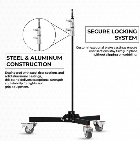 Baby Folder Roller 2-Stage Light Stand, 8' Working Height, 30 lb Load Capacity, Steel 5/8" Baby Pin Mount, Folding Steel Legs, 3" Locking Casters for Studio Lighting in Kuwait