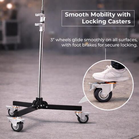 Baby Folder Roller 2-Stage Light Stand, 8' Working Height, 30 lb Load Capacity, Steel 5/8" Baby Pin Mount, Folding Steel Legs, 3" Locking Casters for Studio Lighting in Kuwait