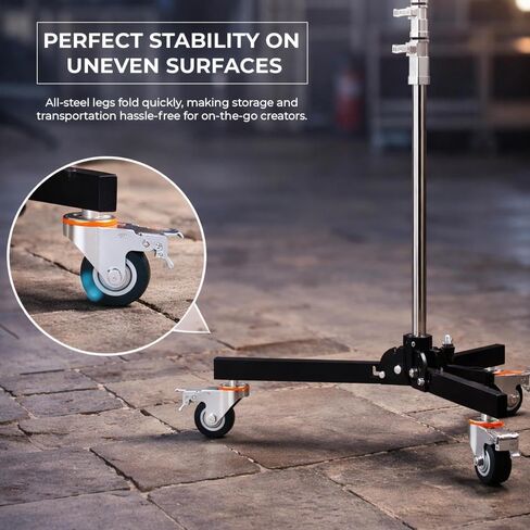 Baby Folder Roller 2-Stage Light Stand, 8' Working Height, 30 lb Load Capacity, Steel 5/8" Baby Pin Mount, Folding Steel Legs, 3" Locking Casters for Studio Lighting in Kuwait