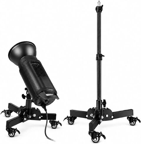 7.8"-28" Low Base Rolling Light Stand with Wheels | Heavy-duty rolling floor stand with 7.8"-28" height adjustment, 10kg load capacity, and 3-way mounting options. in Kuwait
