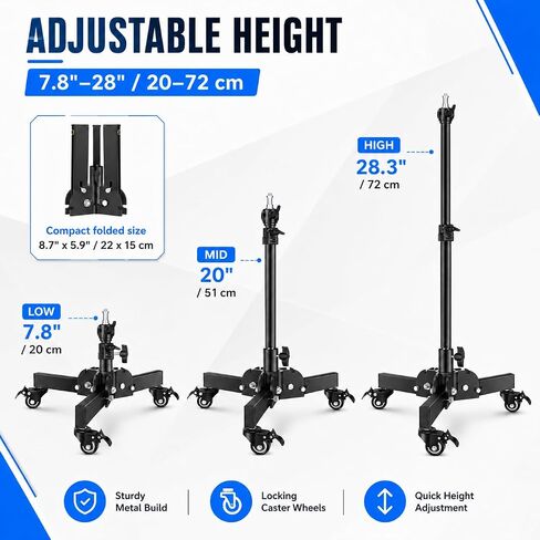 7.8"-28" Low Base Rolling Light Stand with Wheels | Heavy-duty rolling floor stand with 7.8"-28" height adjustment, 10kg load capacity, and 3-way mounting options. in Kuwait