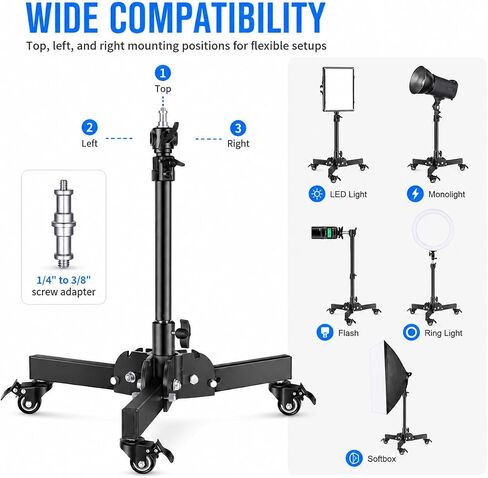 7.8"-28" Low Base Rolling Light Stand with Wheels | Heavy-duty rolling floor stand with 7.8"-28" height adjustment, 10kg load capacity, and 3-way mounting options. in Kuwait