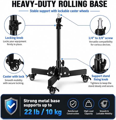 7.8"-28" Low Base Rolling Light Stand with Wheels | Heavy-duty rolling floor stand with 7.8"-28" height adjustment, 10kg load capacity, and 3-way mounting options. in Kuwait