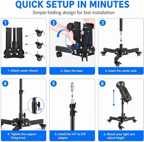 7.8"-28" Low Base Rolling Light Stand with Wheels | Heavy-duty rolling floor stand with 7.8"-28" height adjustment, 10kg load capacity, and 3-way mounting options. in Kuwait