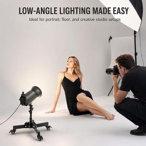 7.8"-28" Low Base Rolling Light Stand with Wheels | Heavy-duty rolling floor stand with 7.8"-28" height adjustment, 10kg load capacity, and 3-way mounting options. in Kuwait